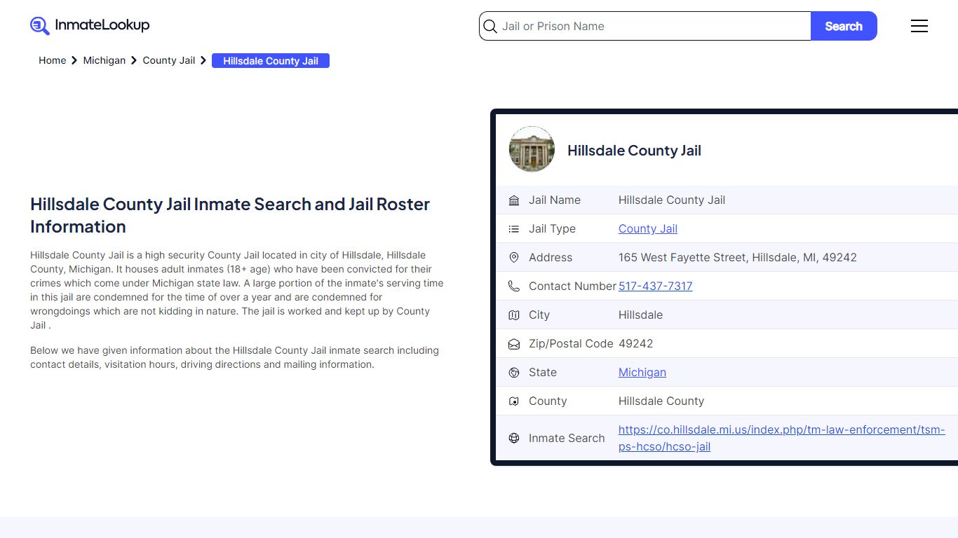 Hillsdale County Jail Inmate Search and Jail Roster Information